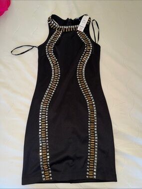 bebe Black Mini Dress with Gold & Silver Embellishments